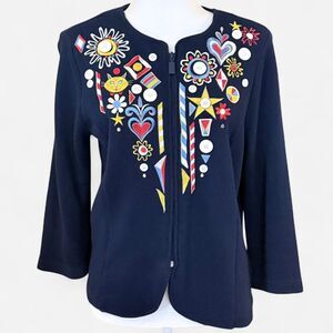 Bob Mackie Embroidered Cat Hearts Starts Sun Sweater with 3/4 sleeves